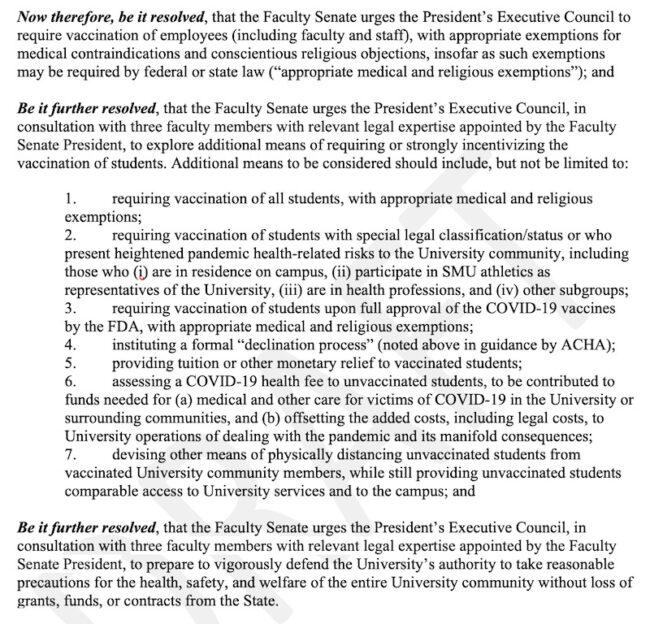 The Faculty Senate resolution urges SMU to require and incentivize vaccination for students.