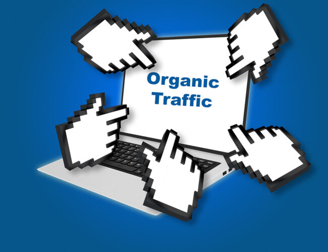 Render illustration of Organic Traffic concept with pointing hand icons pointing at the laptop screen from all sides.