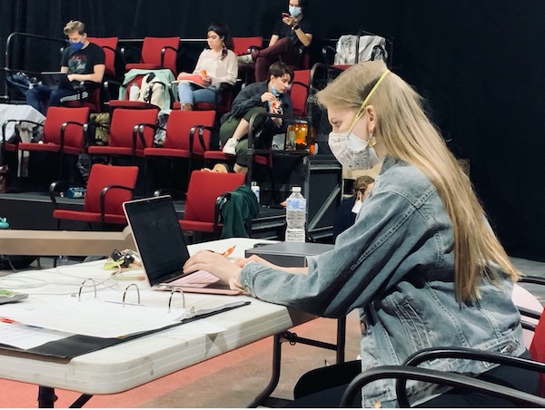 Melanie Peterman consults her notes on “Lysistrata” during a rehearsal in the Margo Jones Theater.