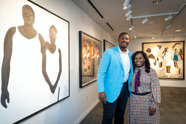 Kelvin Beachum and his wife, Jessica, are lending ten paintings from their personal art collection for an exhibit featuring Black artists, which runs through May 22 at the Jake L. and Nancy Hamon Arts Library at SMU. Image Credit: Kim Leeson Photography for SMU