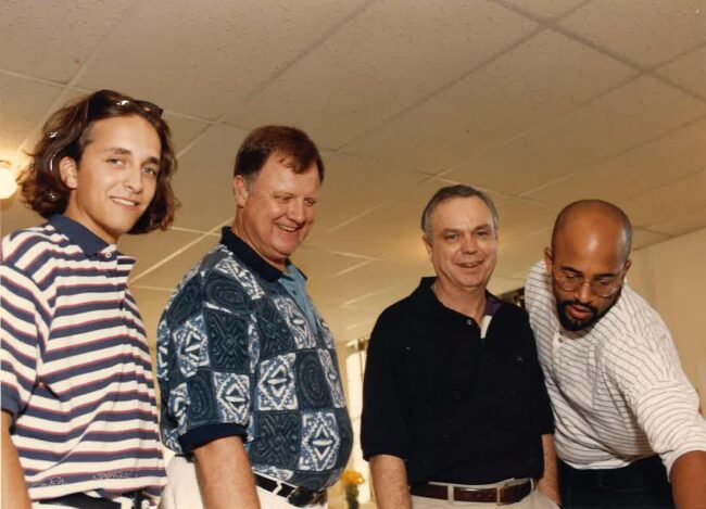 Brent Renaud, smiling in the striped shirt, during his time at SMU, when he participated in the school’s Inter-Community Experience program designed to bridge the gap between the SMU “bubble” and surrounding communities. He lived in what was then the university’s collaborative program with Dallas Habitat for Humanity called ‘Inter-Community Experience’ or ICE House.