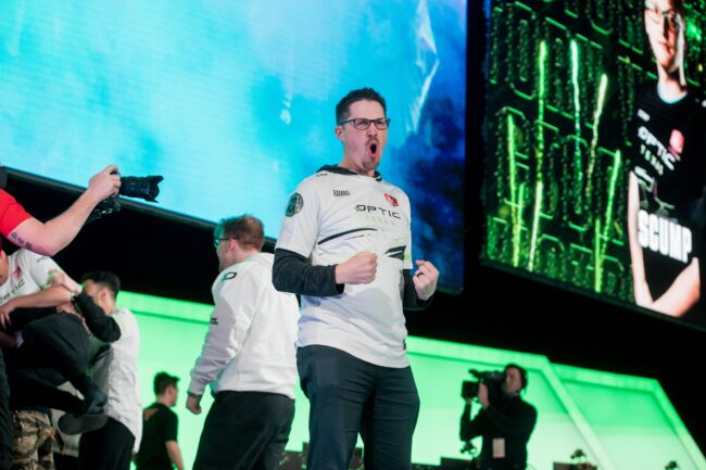 Esports Stadium Arlington - OpTic Coach, Raymond "Rambo" celebrates on stage with his team after winning the Major I Championships