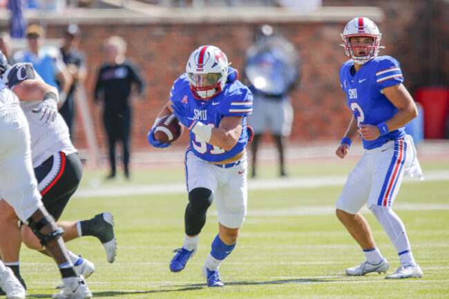 SMU running back Tyler Lavine rushes during an NCAA football game at Ford Stadium on Saturday, Oct. 22, 2022 in University Park, Texas. Cincinnati defeated SMU 29-27. (Mark Reese / Photographer)