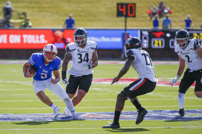 SMU quarterback Preston Stone rushes with the ball during an NCAA football game at Ford Stadium on Saturday, Oct. 22, 2022 in University Park, Texas. Cincinnati defeated SMU 29-27. (Mark Reese / Photographer)