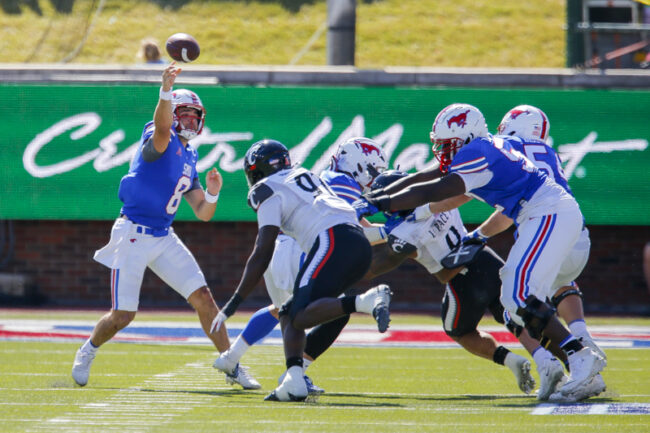 SMU quarterback Tanner Mordecai throws the ball during an NCAA football game at Ford Stadium on Saturday, Oct. 22, 2022 in University Park, Texas. Cincinnati defeated SMU 29-27. (Mark Reese / Photographer)