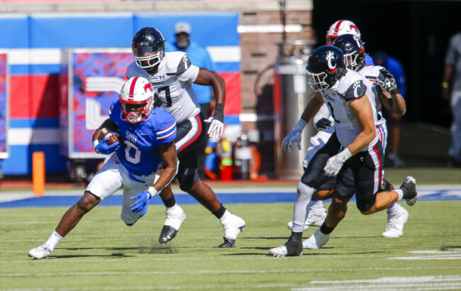SMU running back Camar Wheaton rushes with the ball during an NCAA football game at Ford Stadium on Saturday, Oct. 22, 2022 in University Park, Texas. Cincinnati defeated SMU 29-27. (Mark Reese / Photographer)