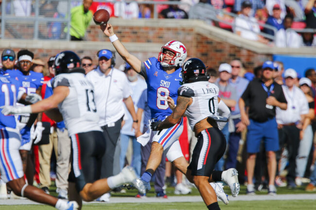 SMU quarterback Tanner Mordecai throws the ball during an NCAA football game at Ford Stadium on Saturday, Oct. 22, 2022 in University Park, Texas. Cincinnati defeated SMU 29-27. (Mark Reese / Photographer)