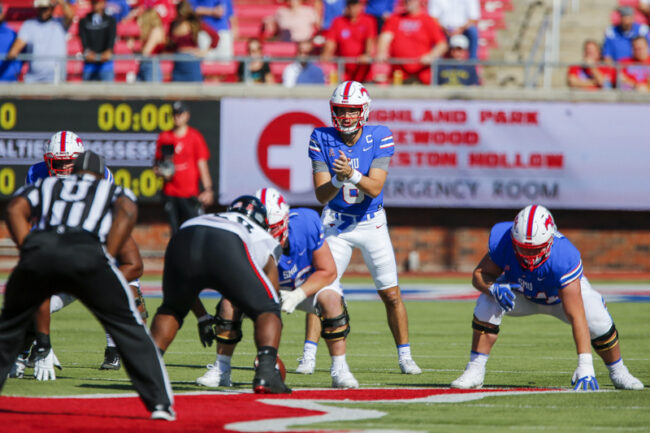 SMU quarterback Tanner Mordecai prepares for a snap during an NCAA football game at Ford Stadium on Saturday, Oct. 22, 2022 in University Park, Texas. Cincinnati defeated SMU 29-27. (Mark Reese / Photographer)
