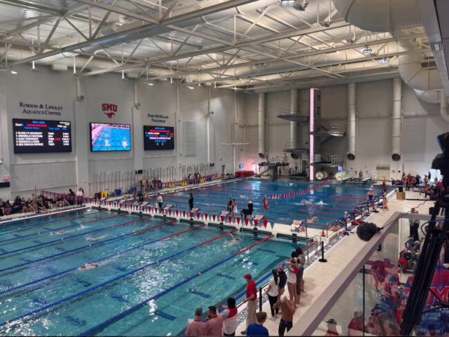 Swimmers from SMU and No. 10 Texas A&M compete in the Robson and Lindley Aquatics Center and Barr- McMillion Natatorium at Fridays meet. Photo credit: Ceara Johnson