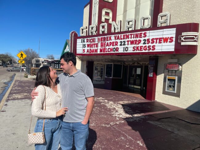 Laurie Clayton and David Senter, recent graduates from Southern Methodist University, celebrate their second Valentines Day as a couple outside The Grenada Theater in Dallas, Texas on Sunday, Feb. 12, 2023. (The Daily Campus/Anna Leist) Photo credit: Anna Leist