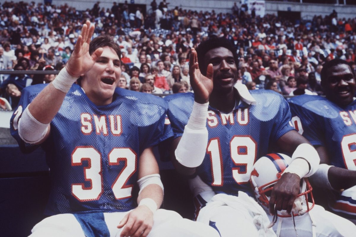 Eric Dickerson and Craig James were the superstars of SMU Football in the 1980s. Their reign eventually ended after the university was busted for paying players illegally. Courtesy of SMU Libraries.