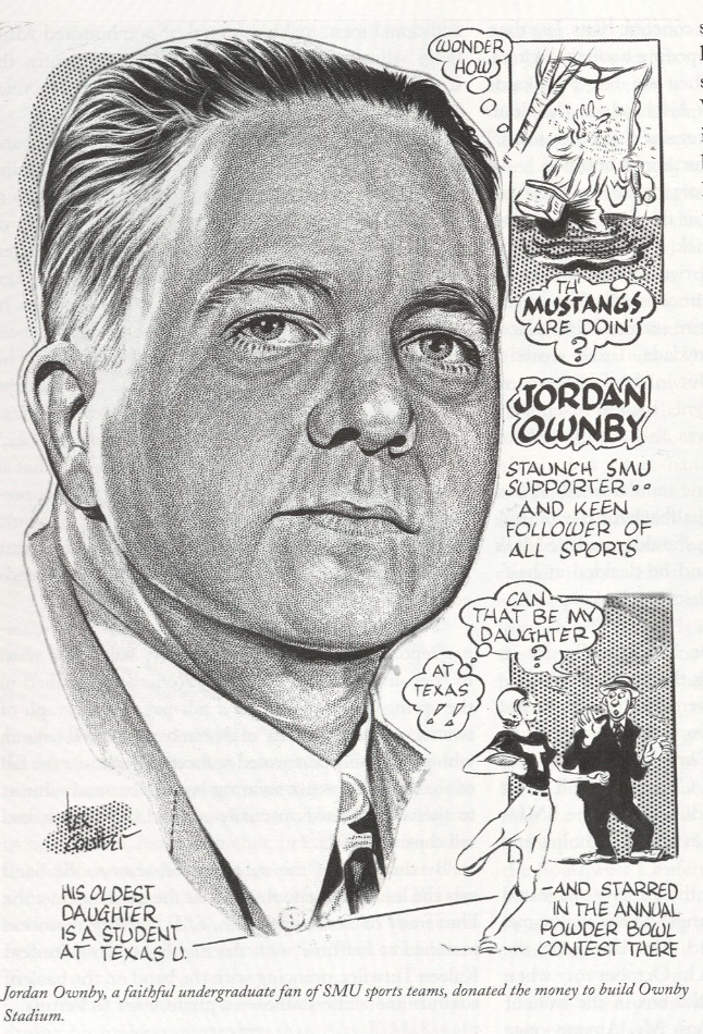 Caricature of Jordan Ownby from In Honor of the Mustangs: The Centennial History of SMU Athletics by Darwin Payne. Courtesy of SMU Libraries.