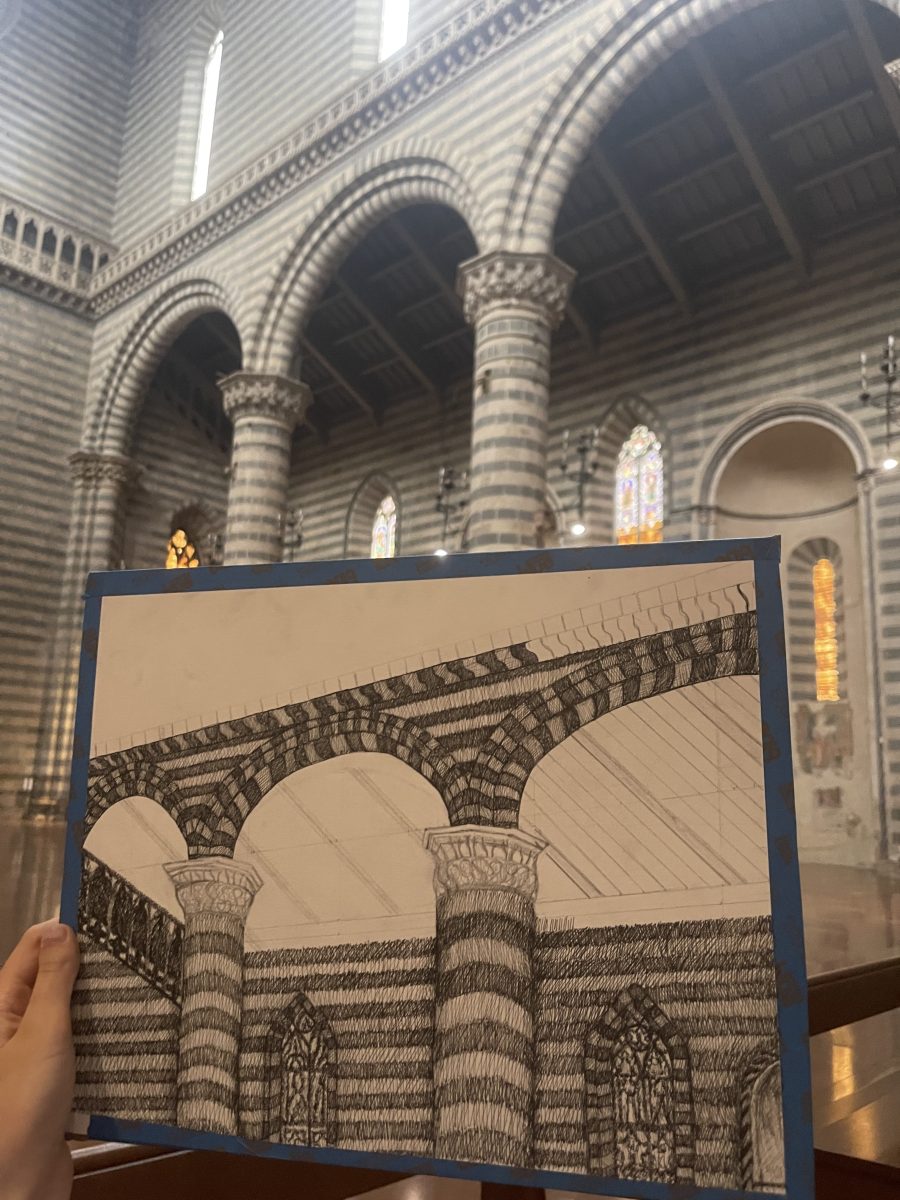 Students draw of the inside of the Duomo of Orvieto.