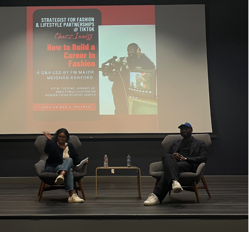 Meighan Ashford and Chazz Inniss at Hughes-Trigg Student Center for a discussion about careers in fashion and social media.