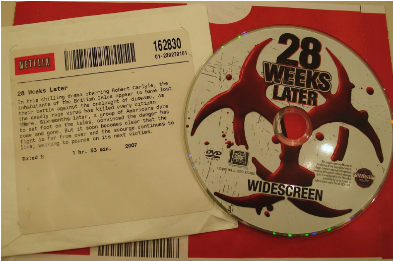 A 28 Weeks Later DVD with a description of the movie distributed by Netflix before movies were streamed. Netflix ended its DVD membership on Sept. 29.