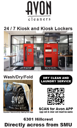 Avon cleaners ad for 24/7 Kiosk and Kiosk Lockers, Wash/Dry/Fold, and a QR code for the Avon App