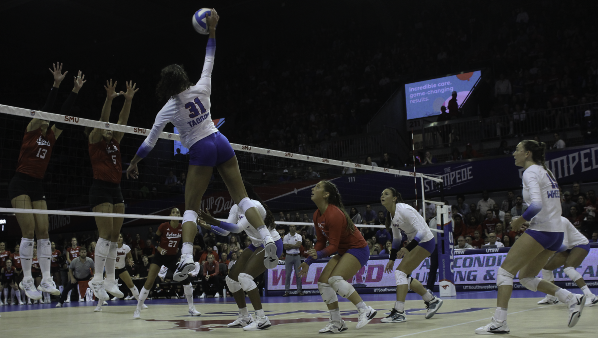 Maya Tabron spikes the ball during a match against Nebraska in Dallas, Texas, on September 3, 2024.