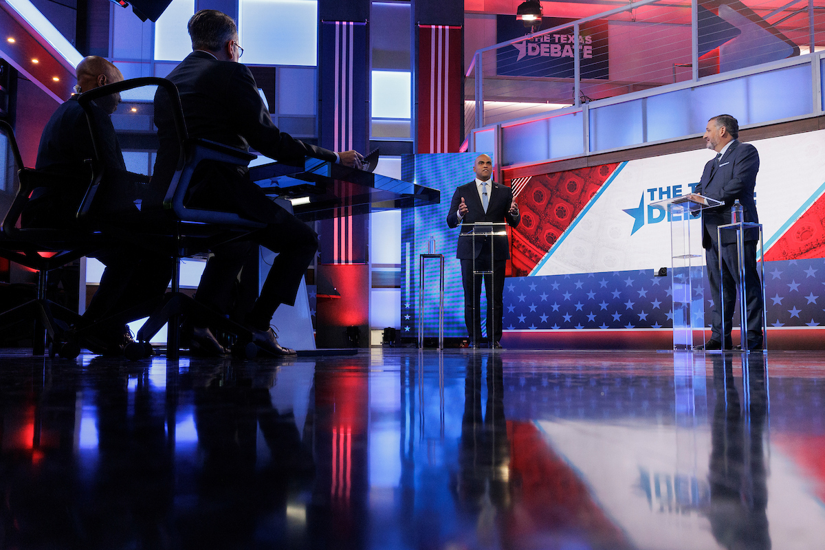 U.S. Rep. Colin Allred, D-Dallas, left, and U.S. Sen. Ted Cruz, R-Texas, take part in a debate for the U.S. Senate hosted by WFAA on Monday, Aug. 12, 2024, in Dallas, Texas.

Shelby Tauber for The Texas Tribune via POOL