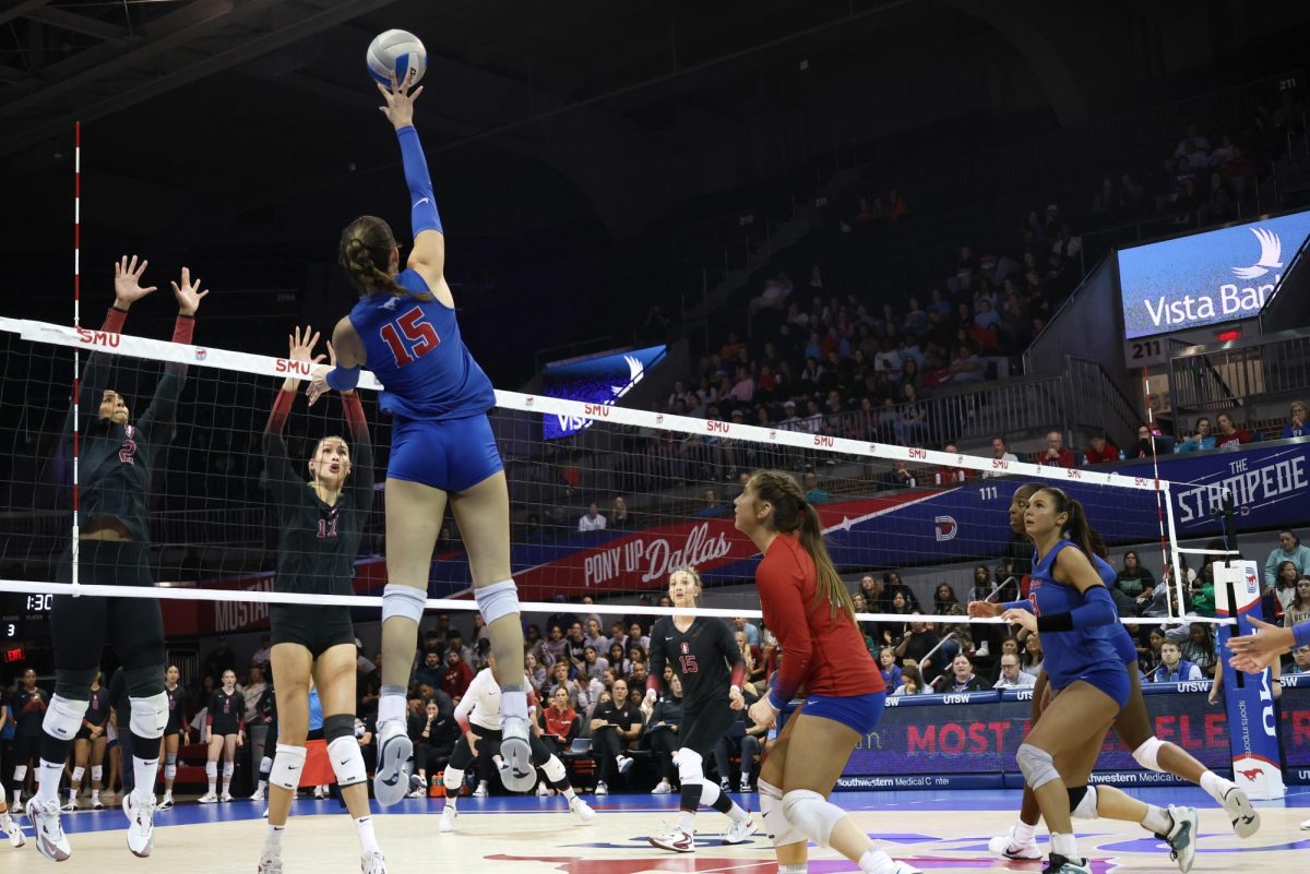 SMU women's volleyball plays against Stanford at home in Moody colosseum in Dallas, Texas, on October 16, 2024.