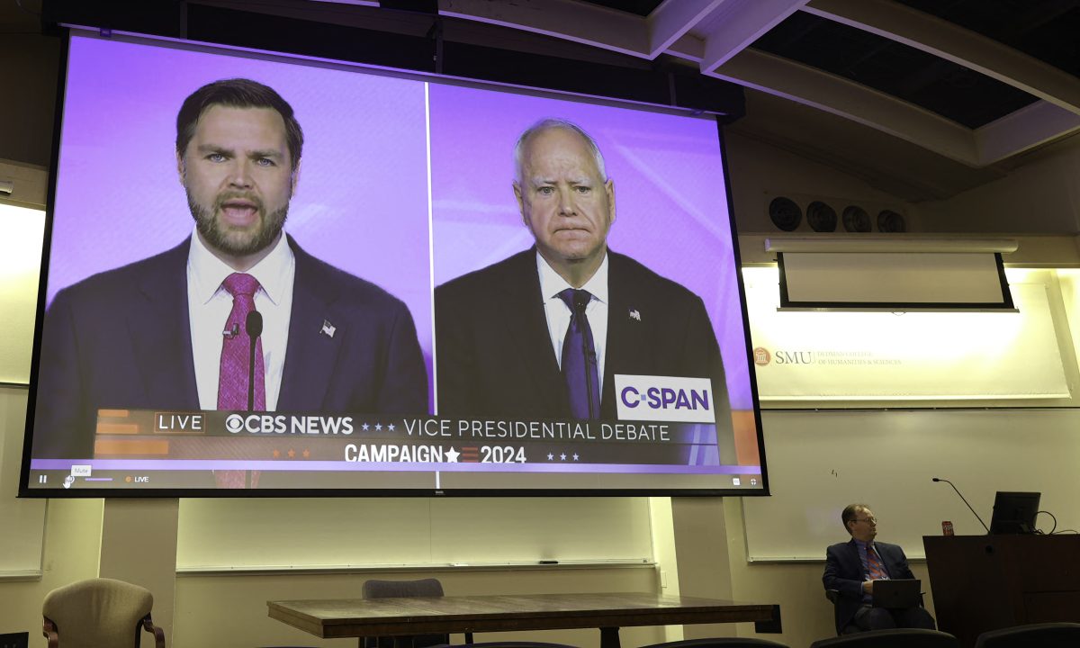 The SMU debate club hosts the vice presidential debate watch party in McCord auditorium in Dallas Hall, Texas, on October 1, 2024.