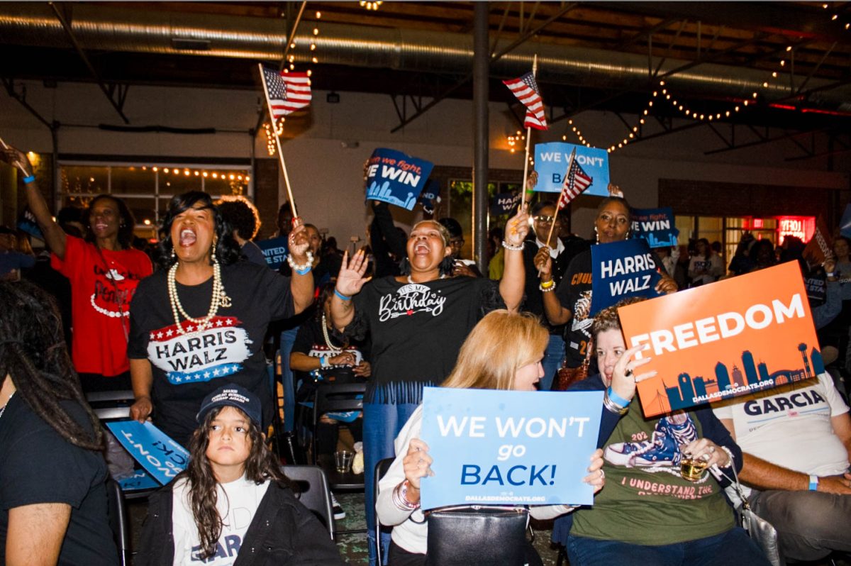 The crowd cheers for Harris at the Democratic watch party in Dallas, TX on Nov. 5, 2024.