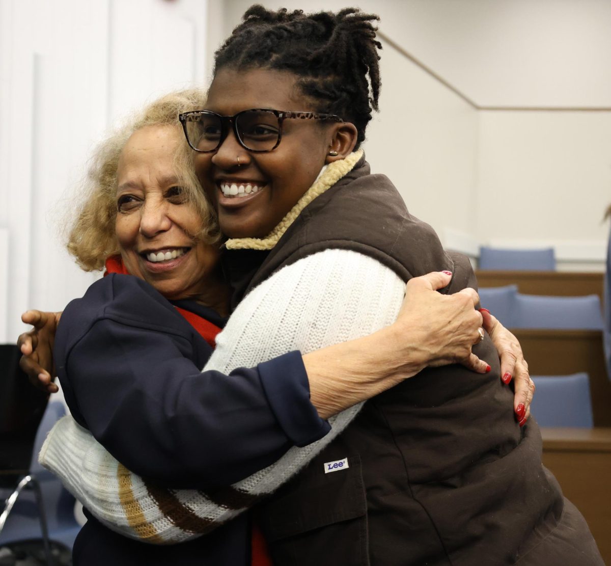 A fan of Dr. Valda Harris Montgomery meets her for the first time and gives her the biggest hugs with a smile on her face in Dallas, Texas, on January 24, 2025. (SMU: Chloe Casdorph)