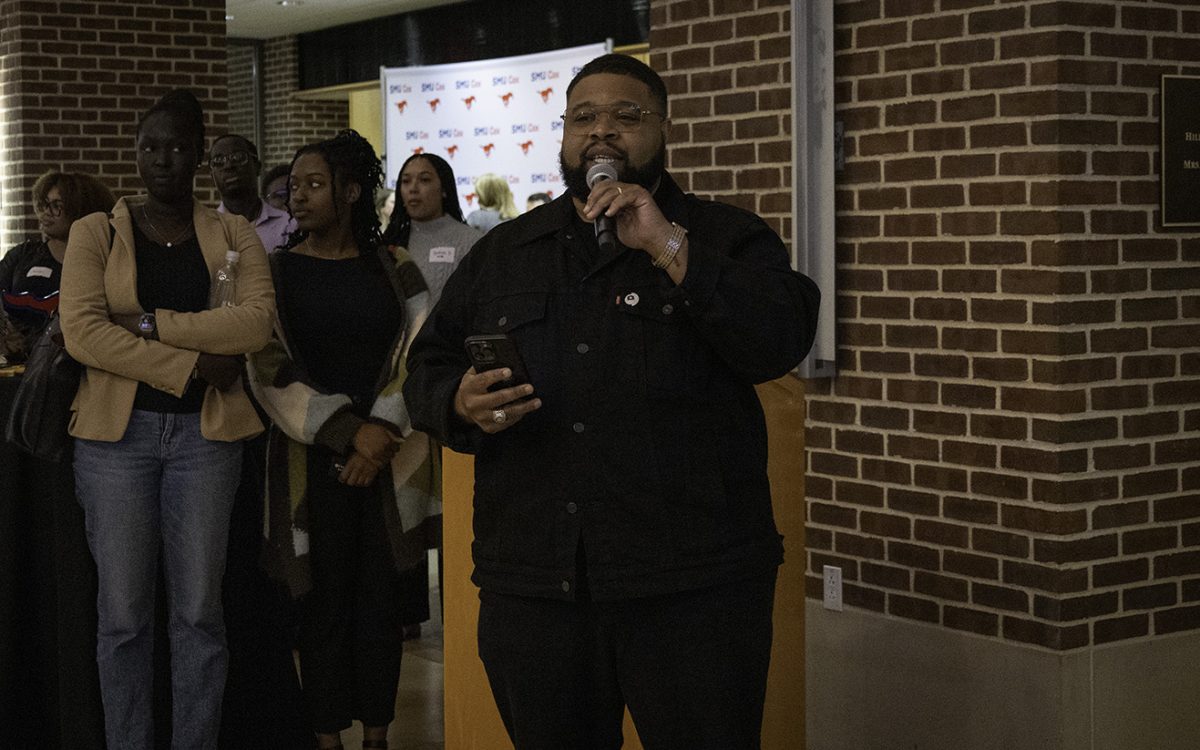 Harrison Blair, president and CEO of The Dallas Black Chamber of Commerce speaks at Black History Month networking reception at the Collins Center.