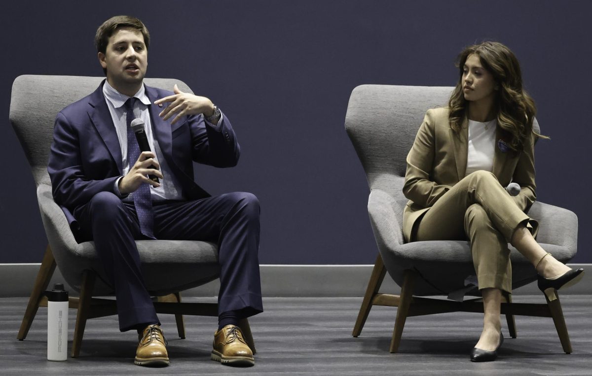 Crystal Smith and Ian Stripe debate to be SMU’s next student body secretary at the student Senate Debate in Dallas, Texas, on April 8, 2025. (SMU: Chloe Casdorph)