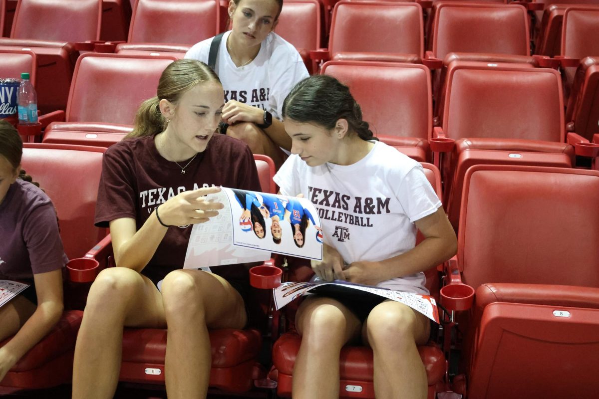 High school volleyball players discuss the volleyball schedule for the 2025 season in Moody Coliseum on April 26 2024. (SMU:Tate Gasch)