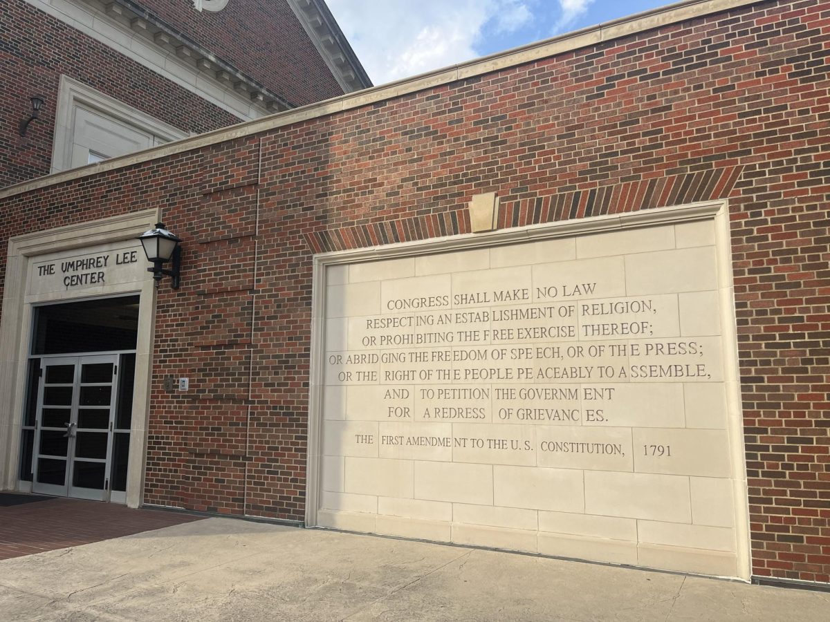 The First Amendment inscription outside of the Department of Journalism at The Umphrey Lee Center.