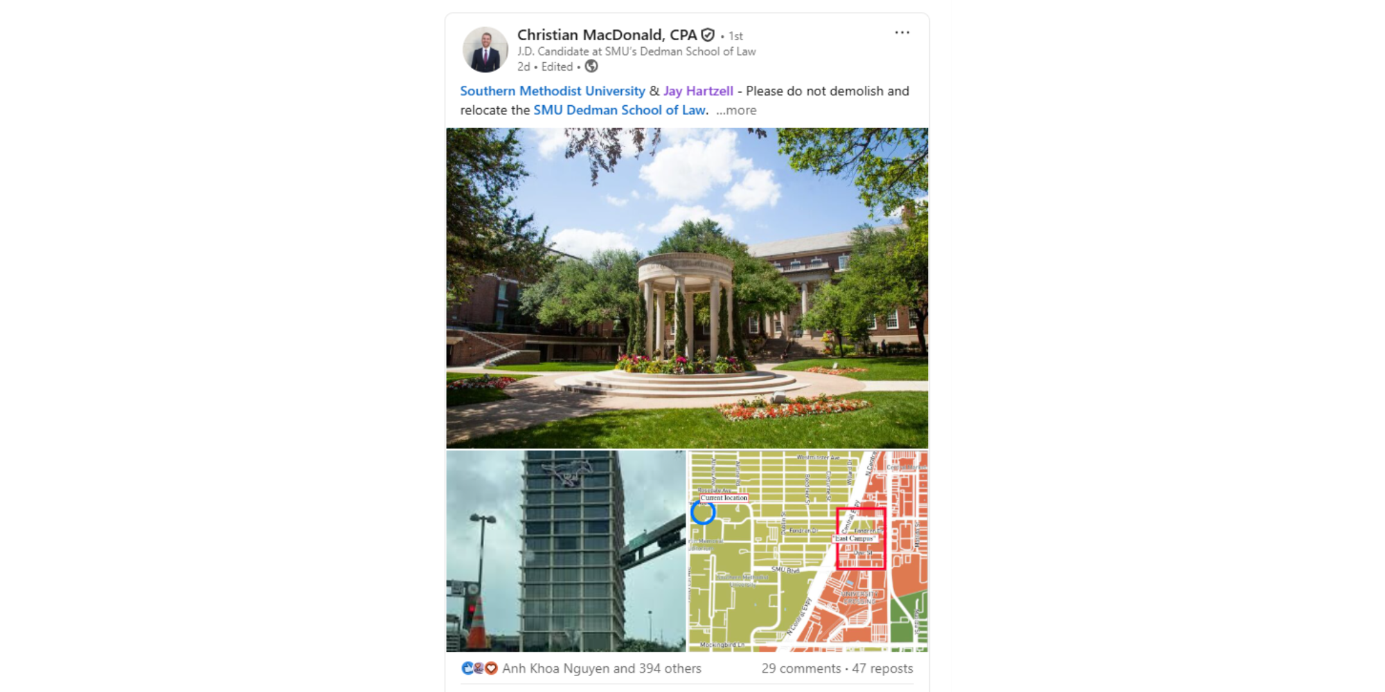 Christian MacDonald spoke out against the move on LinkedIn, leading to many law students, professors and alumni to comment and repost in support.