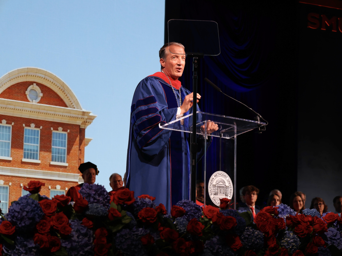 Jay Hartzell, the 11th president of SMU, gives his inaugural address to the SMU community in Dallas, Texas, on Sept. 12, 2025. 
