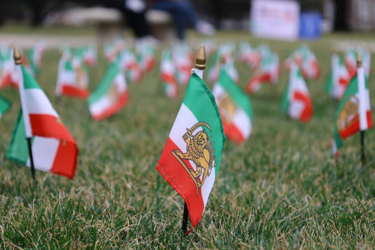 The Iranian flag stands on Dallas Hall Lawn in support of the Iranian people in Dallas, Texas, on Feb. 10, 2026. 