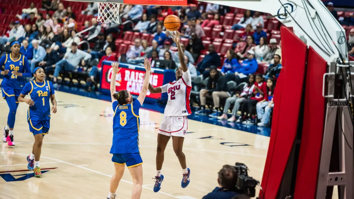 Zahra King attempts a layup in SMU's Feb. 15 win over Pitt on her way to a career-high 40 points. 