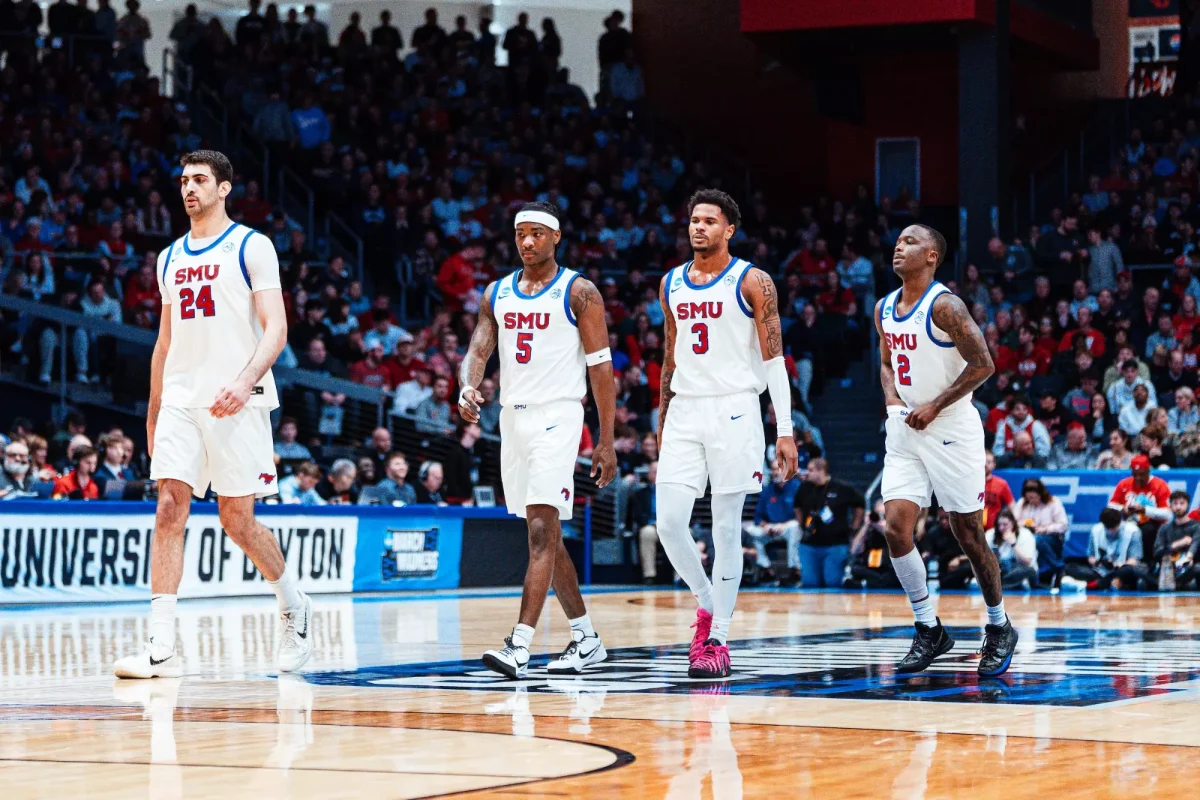 SMU's regular starters, excluding the injured BJ Edwards, walk across the court in Dayton, Ohio during SMU's 89-79 loss to Miami Ohio on Wednesday, March 18.
