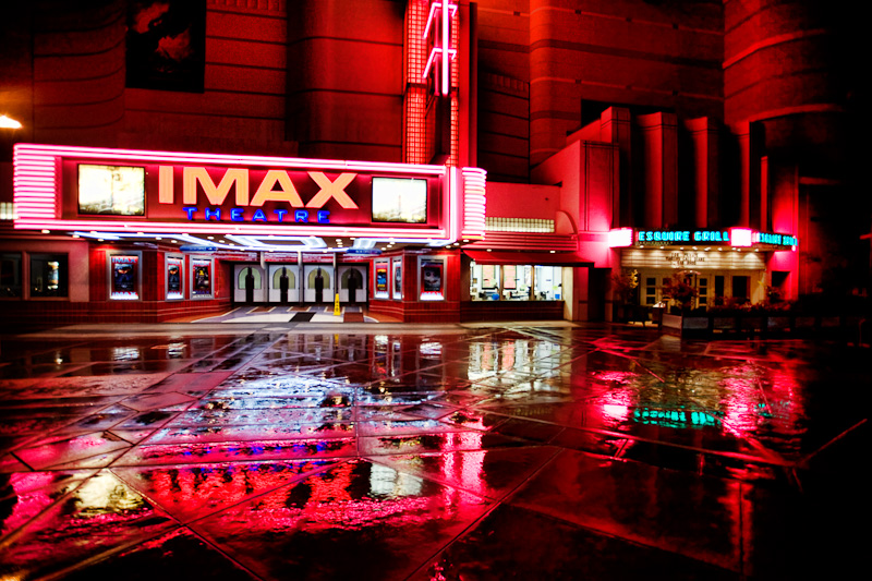 Rainy night at an IMAX theater in Sacramento, California. 
