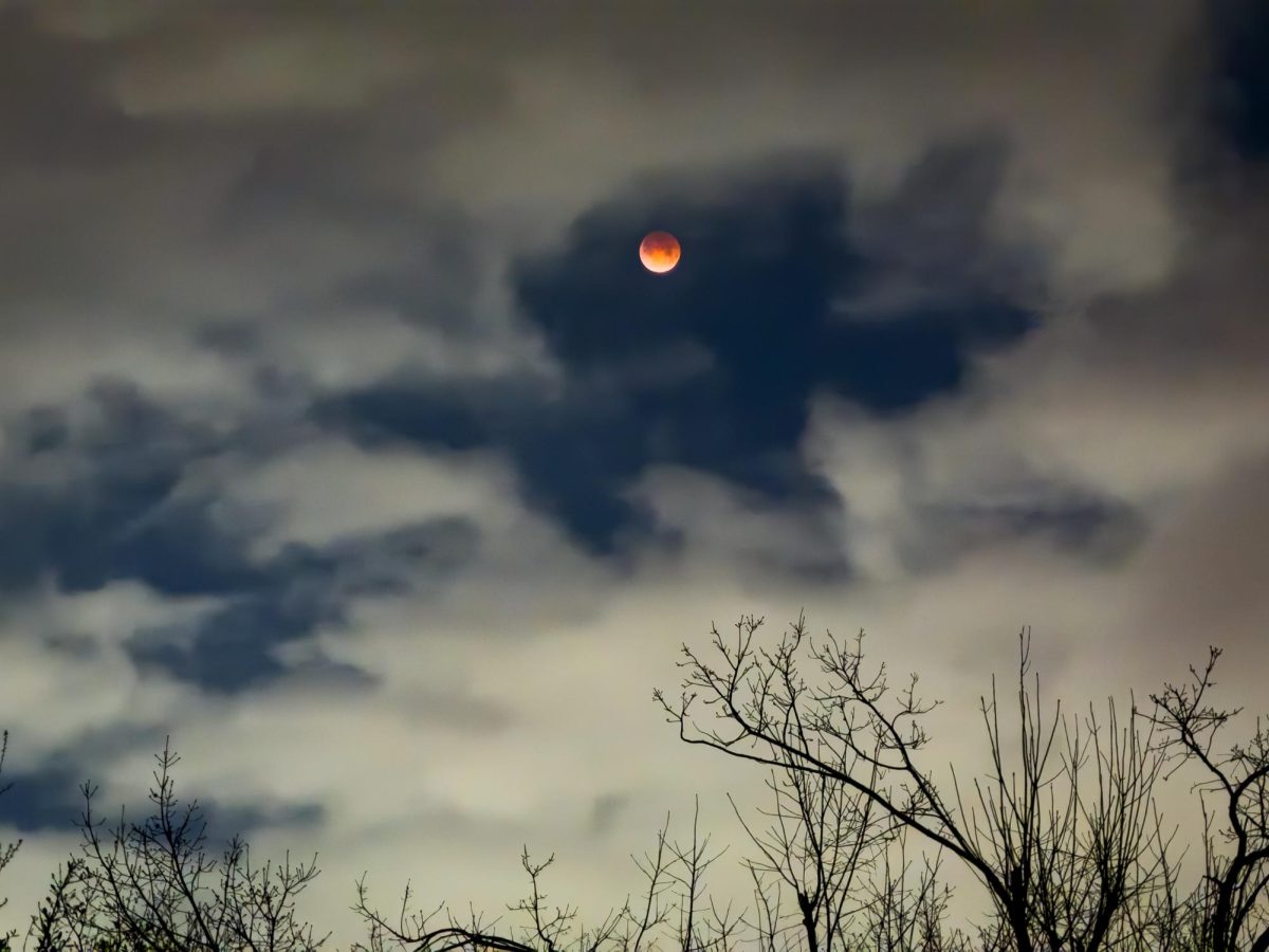 A Lunar Eclipse creates a red moon over Umphrey Lee at SMU.