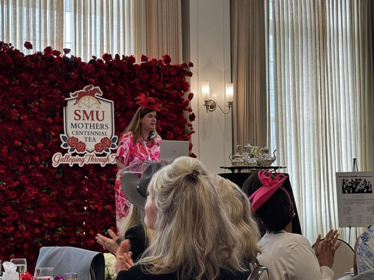SMU Mothers and Dads Club Co-President Jeanne Slay giving her speech at the SMU Mothers Centennial Tea in the Martha Proctor Mack Grand Ballroom in Dallas, Texas, on March 7, 2026.
