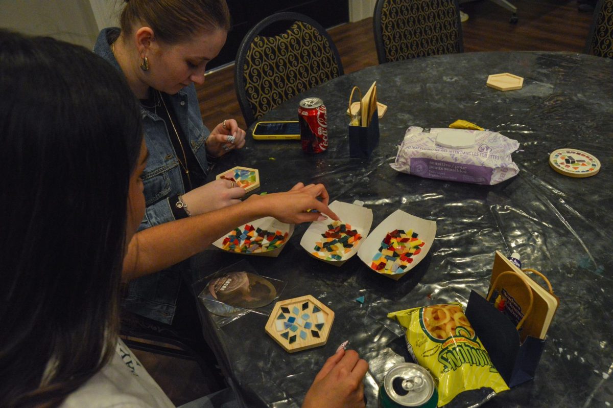 SMU students make mini mosaics at the monthly ArtMix Thursday event in the Meadows Museum in Dallas, Texas on Feb. 5, 2026.