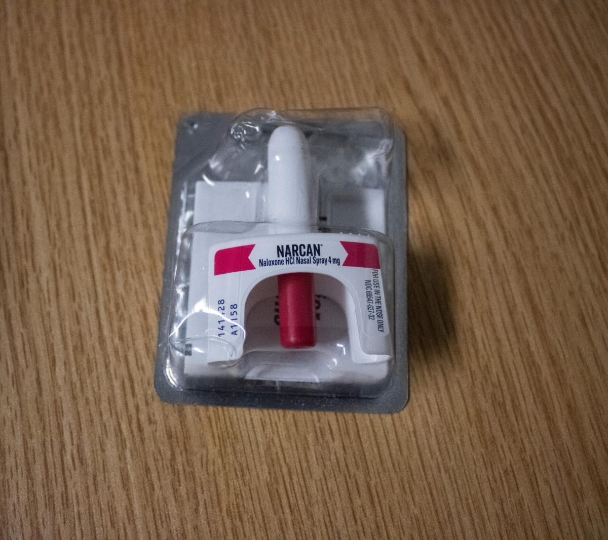 A bottle of Narcan sits in its packaging on a desk at Southern Methodist University on Tuesday, April 7, 2026.