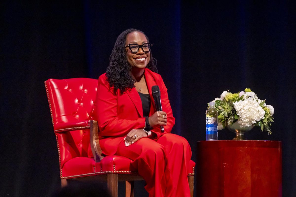 Supreme Court Justice Ketanji Brown Jackson speaks at the SMU Tate Lecture Series in McFarlin Auditorium on May 12, 2026, in Dallas, Texas. 