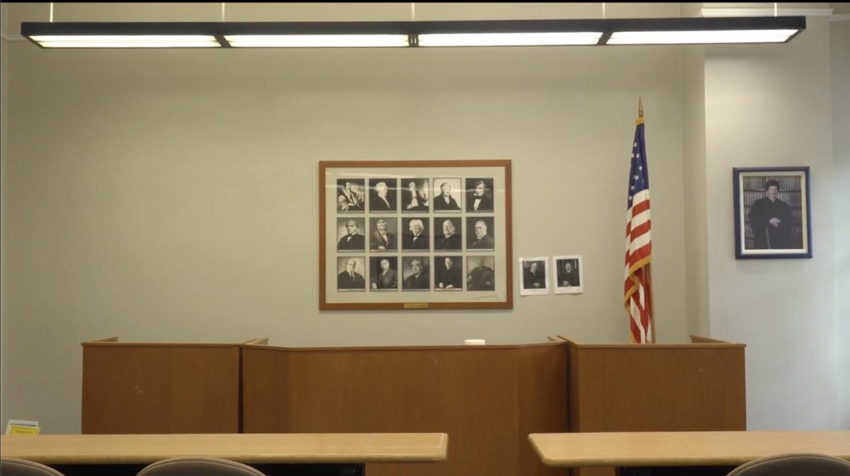 SMU’s mock court room in Florence Hall, captured as a still from a video interview. 
